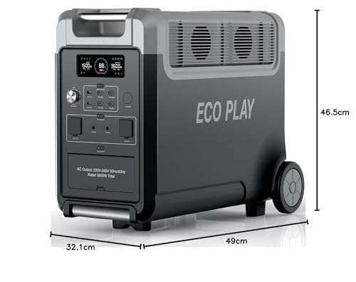 ECO PLAY 3600W Solargenerator, 3840Wh LiFePO4 Tragbare Powerstation mit USV, 3x230V AC Ausgang 3600W (7200W Peak), Powerbank mit Steckdose, Notstromaggregat für Camping, Wohnmobile