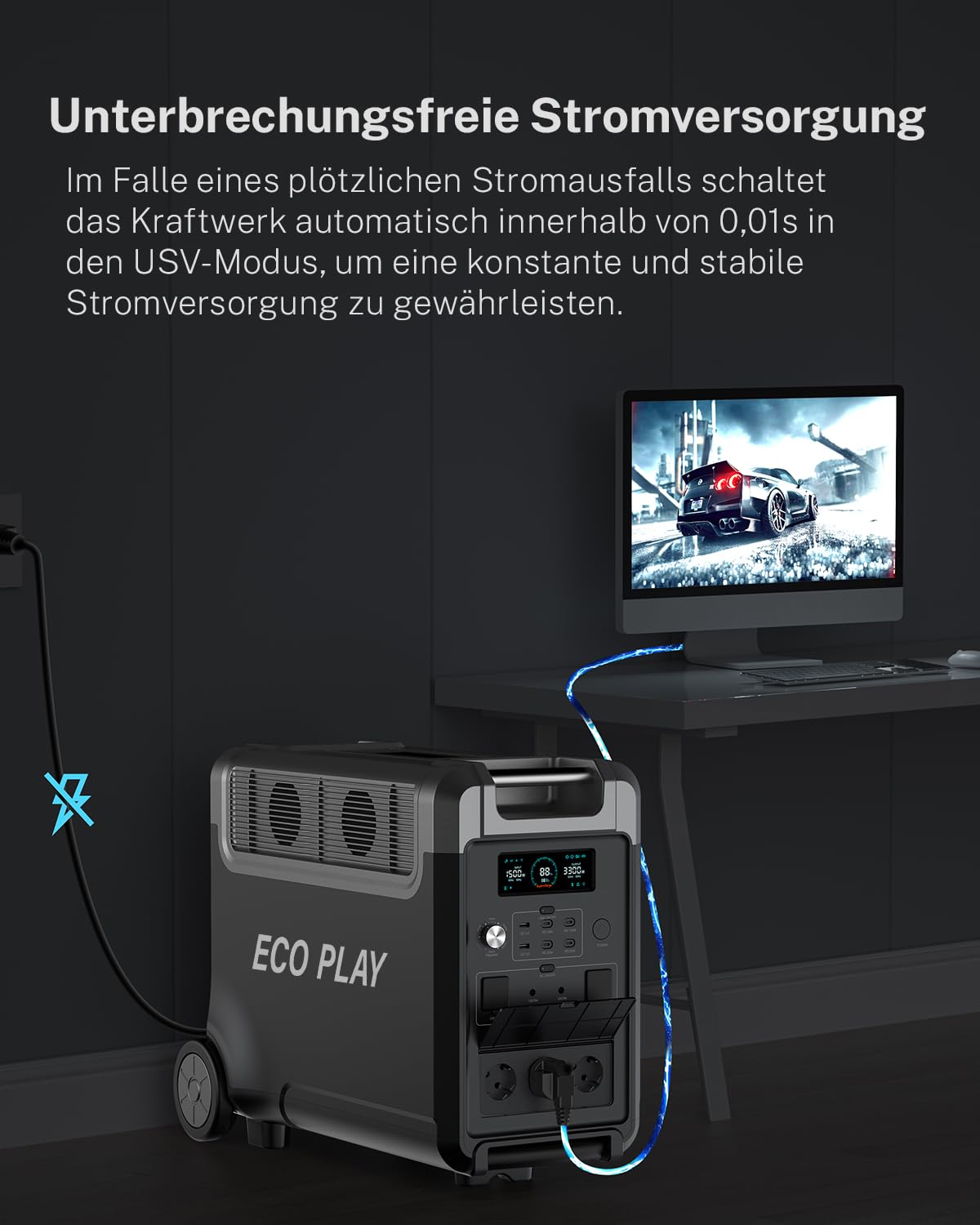 ECO PLAY 3600W Solargenerator, 3840Wh LiFePO4 Tragbare Powerstation mit USV, 3x230V AC Ausgang 3600W (7200W Peak), Powerbank mit Steckdose, Notstromaggregat für Camping, Wohnmobile