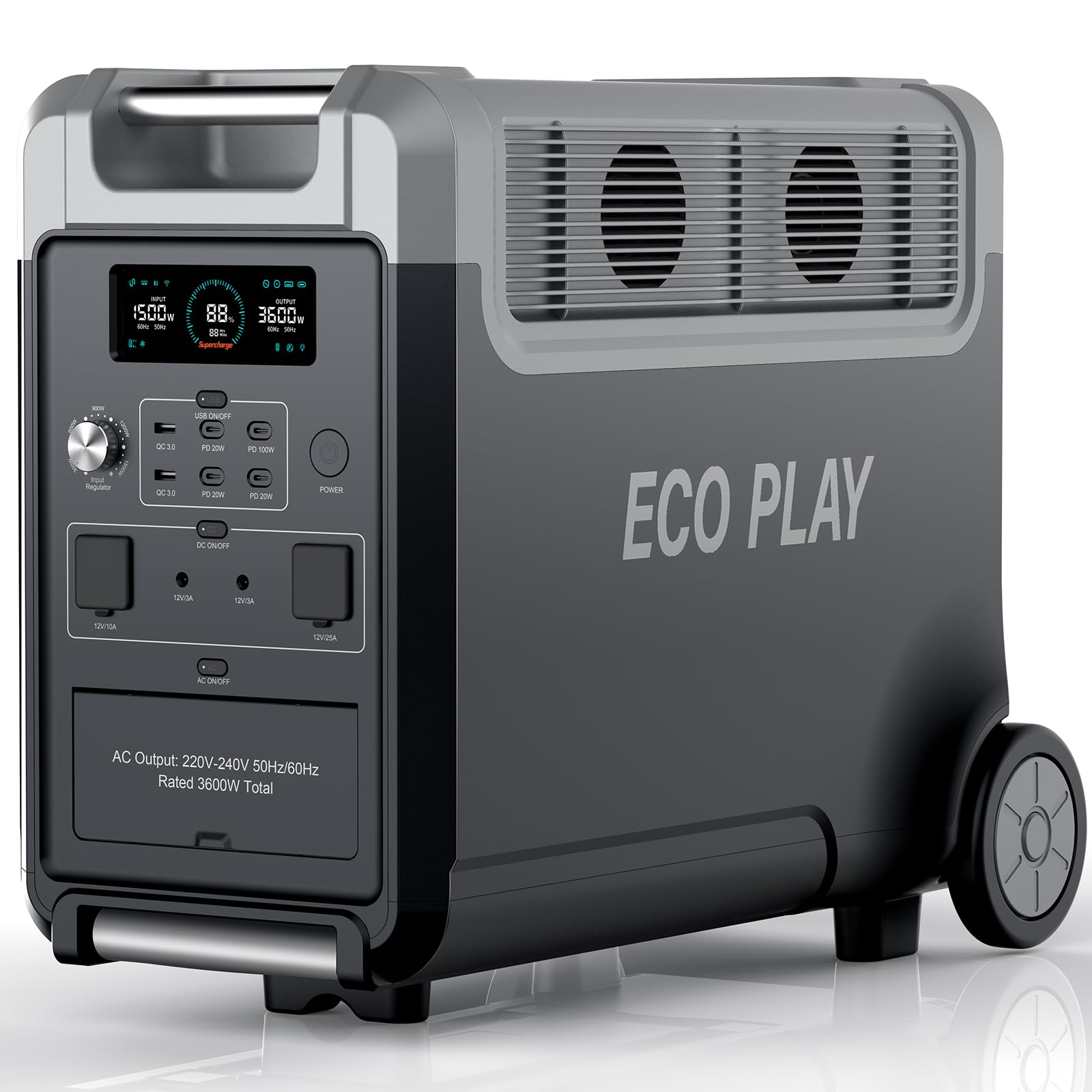 ECO PLAY 3600W Solargenerator, 3840Wh LiFePO4 Tragbare Powerstation mit USV, 3x230V AC Ausgang 3600W (7200W Peak), Powerbank mit Steckdose, Notstromaggregat für Camping, Wohnmobile