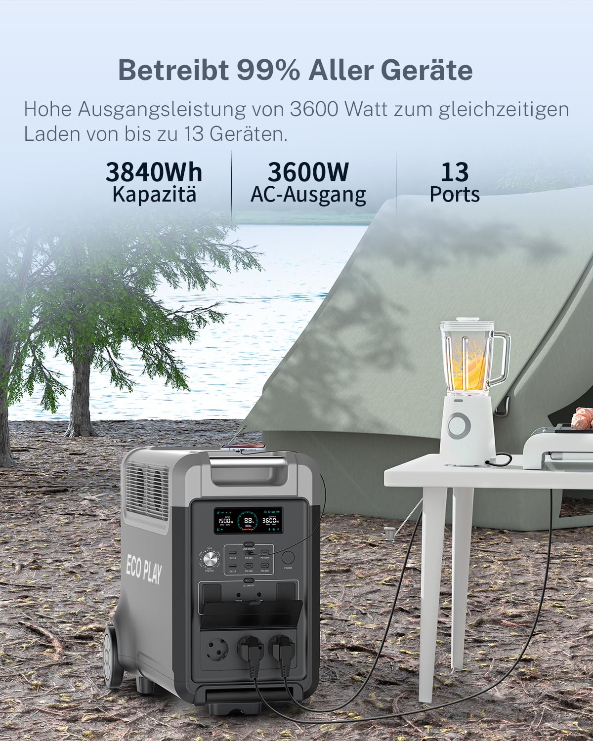 ECO PLAY 3600W Solargenerator, 3840Wh LiFePO4 Tragbare Powerstation mit USV, 3x230V AC Ausgang 3600W (7200W Peak), Powerbank mit Steckdose, Notstromaggregat für Camping, Wohnmobile
